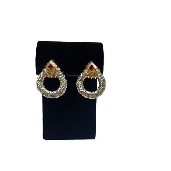 Vintage 80’s Twist Silver/Gold Tone Cable Door Knocker with Red Stone Earrings - Picture 4 of 7